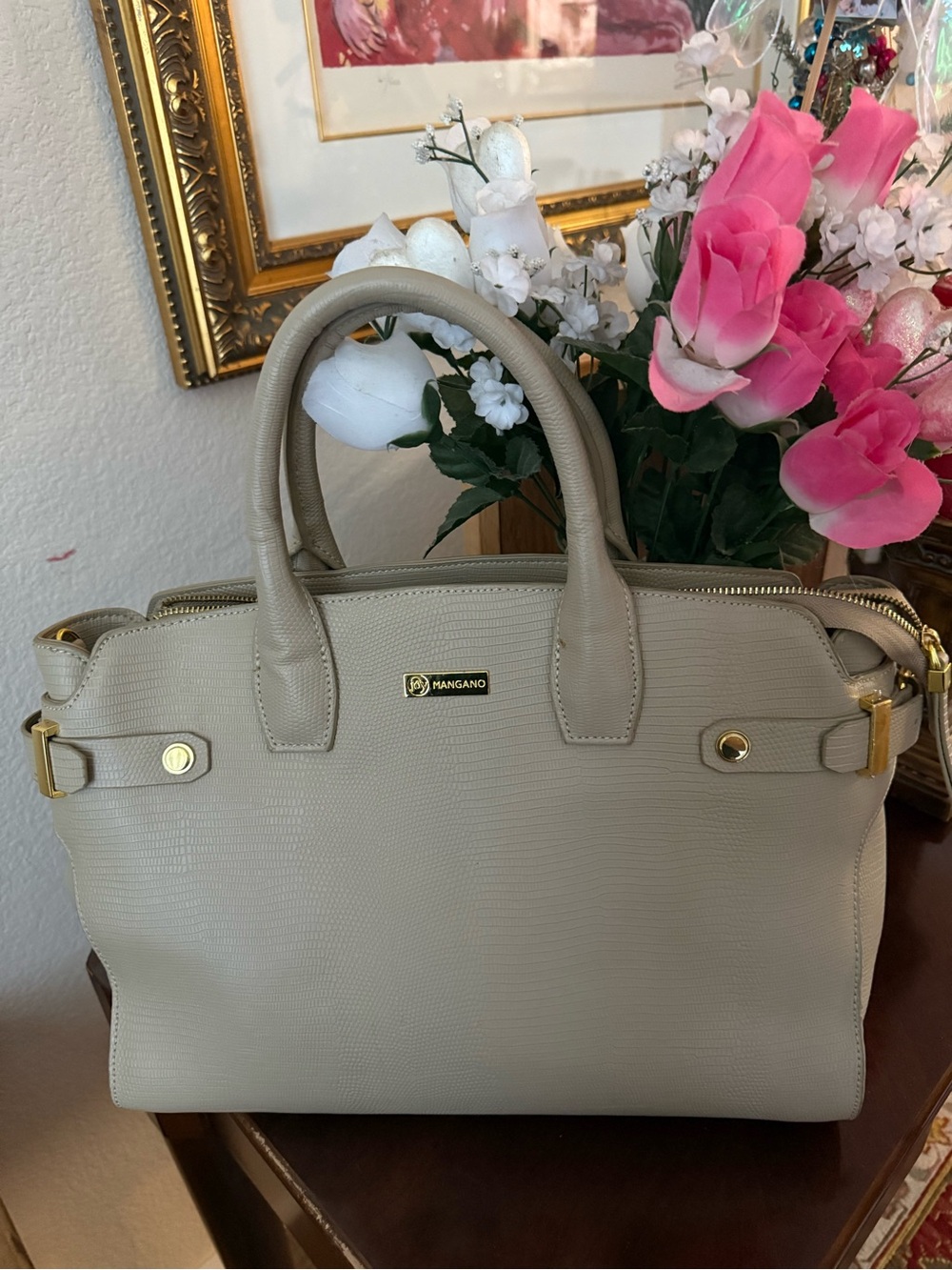 Joy Mangano Beige Textured Satchel with Gold Hardware